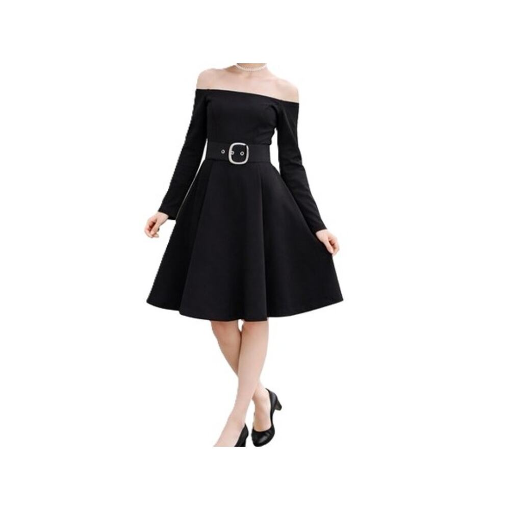 Romeo + Juliet Couture Dress Womens Size M Black Off Shoulder Fit Flare Belted